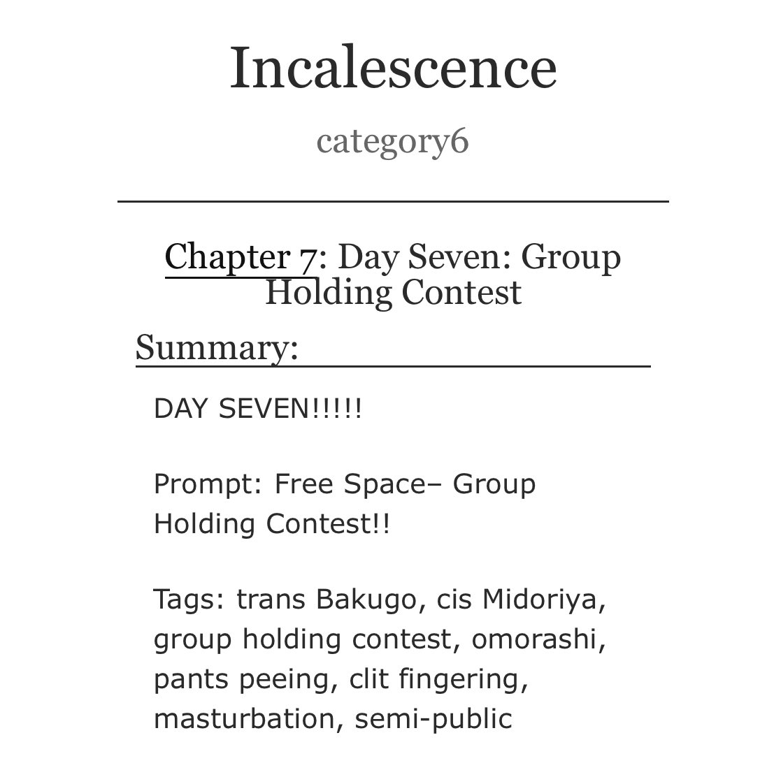 JackoLadder's tweet photo. ๐ฅ๐#PissWeek DAY SEVEN!!๐๐ฅ
Prompt: Free Spaceโ Group Holding Contest!! #pissweek2022 @bnhapissweek
Tags: #dkbk trans Bakugo, cis Midoriya, group holding contest, omorashi, pants peeing, clit fingering, masturbation, semi-public
https://t.co/NaP5eHm1Zz https://t.co/Ili5QzwnJv