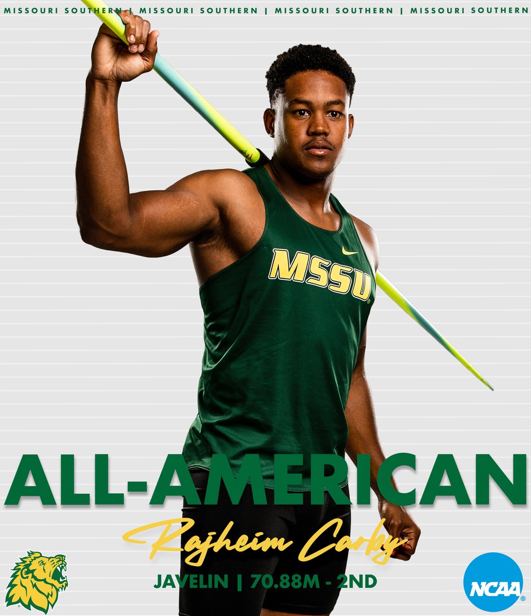 MoSoXCTF's tweet photo. All-American Alert 🚨 - The Lions post a trio of All-Americans in the men's javelin at the 2022 @ncaadii Outdoor Championships. Rajheim Carby (70.88m) finished 2nd as the national runner-up, while Nathan Kovis (68.45m) was 3rd and Brendan Rozier (66.86m) was 5th. #LetsRoar 🦁 https://t.co/B3ysgdwxJC