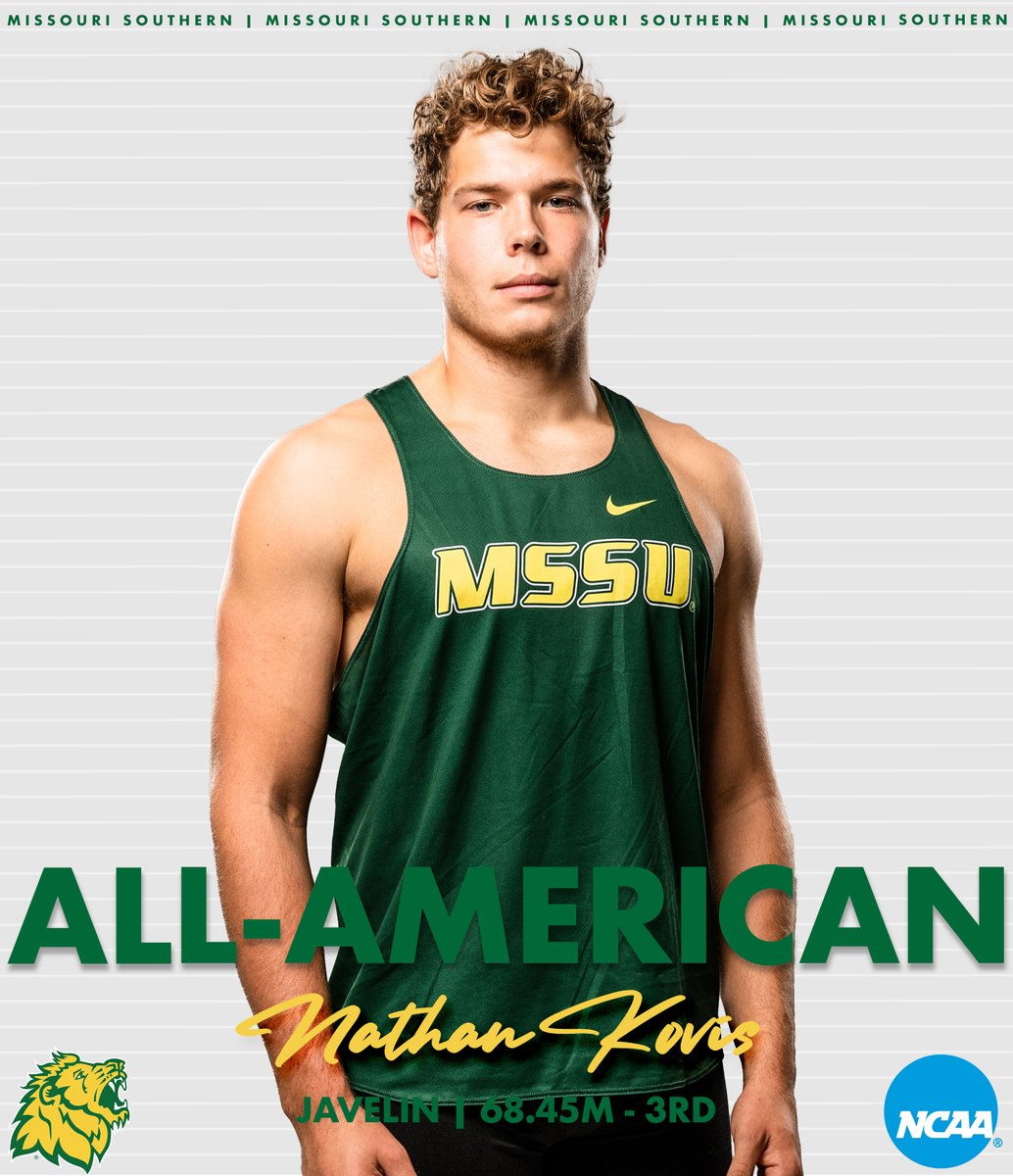 MoSoXCTF's tweet photo. All-American Alert 🚨 - The Lions post a trio of All-Americans in the men's javelin at the 2022 @ncaadii Outdoor Championships. Rajheim Carby (70.88m) finished 2nd as the national runner-up, while Nathan Kovis (68.45m) was 3rd and Brendan Rozier (66.86m) was 5th. #LetsRoar 🦁 https://t.co/B3ysgdwxJC