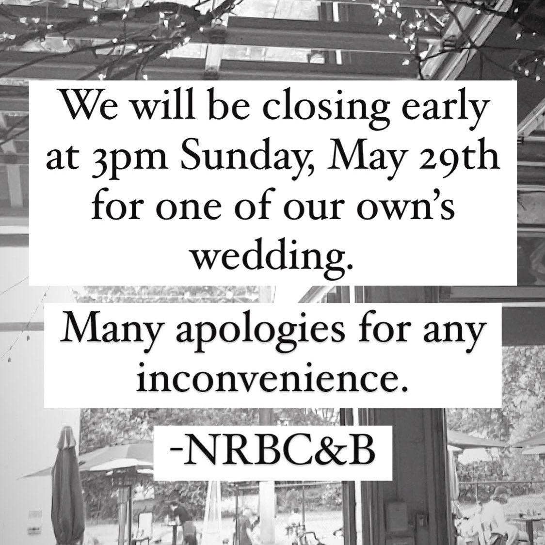One of our own is getting hitched and we’re helping them celebrate! 

We will be be open for regular brunch service tomorrow, Sunday, May 29th from 12-3pm only. 

Come see us today or for brunch tomorrow to stock up on beers for all your Memorial Day fun! 🤍