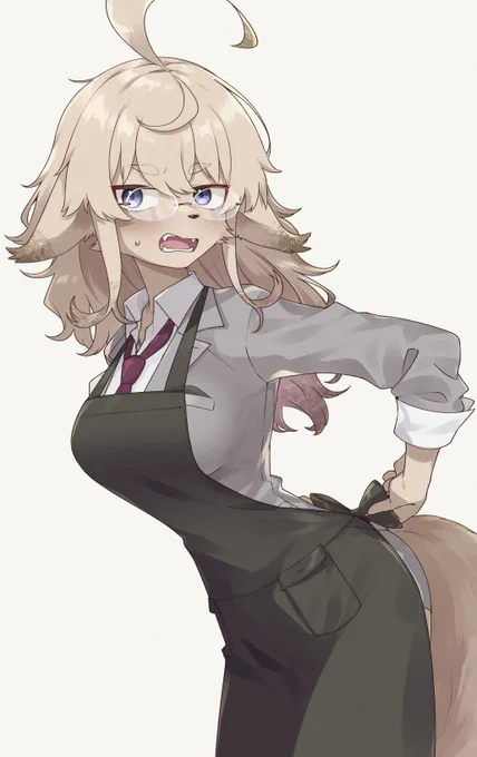 大きなアホ毛くせっ毛ジト目眼鏡スーツホットパンツ巨乳ケモノ 