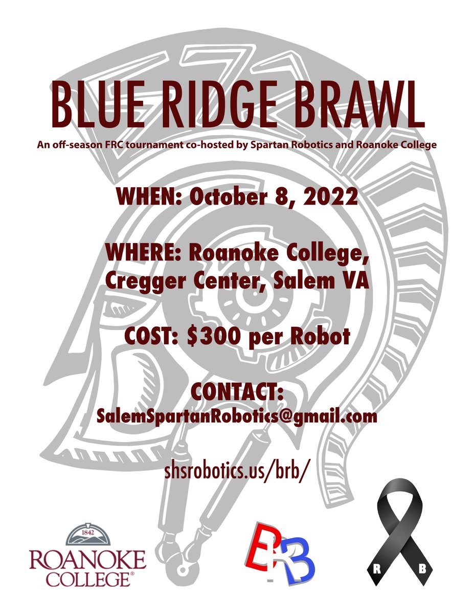 Salem High School Robotics (@spartansfrc5724) on Twitter photo The second annual Blue Ridge Brawl is happening on October 8th, 2022! An FRC off-season event hosted by <a href="/SpartansFRC5724/">Salem High School Robotics</a> and <a href="/RoanokeCollege/">Roanoke College</a> in Salem, Virginia. 32 teams playing Rapid React! Who's in? <a href="/FIRSTChesapeake/">FIRST Chesapeake</a> <a href="/FIRSTNC/">FIRST North Carolina</a> <a href="/FrcRobotics/">FRC Robotics</a> The second annual Blue Ridge Brawl is happening on October 8th, 2022! An FRC off-season event hosted by <a href="/SpartansFRC5724/">Salem High School Robotics</a> and <a href="/RoanokeCollege/">Roanoke College</a> in Salem, Virginia. 32 teams playing Rapid React! Who's in? <a href="/FIRSTChesapeake/">FIRST Chesapeake</a> <a href="/FIRSTNC/">FIRST North Carolina</a> <a href="/FrcRobotics/">FRC Robotics</a>