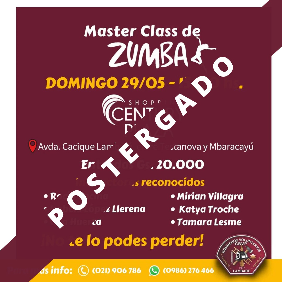 #K5Informa

Informamos que el Master Class de Zumba, previsto para mañana domingo 29/05 en el @centuryplazalambare , será postergado hasta nuevo aviso, por motivos de mejor organización. Agradecemos la comprensión y estaremos informando por este medio la nueva fecha.
#Bomberosk5