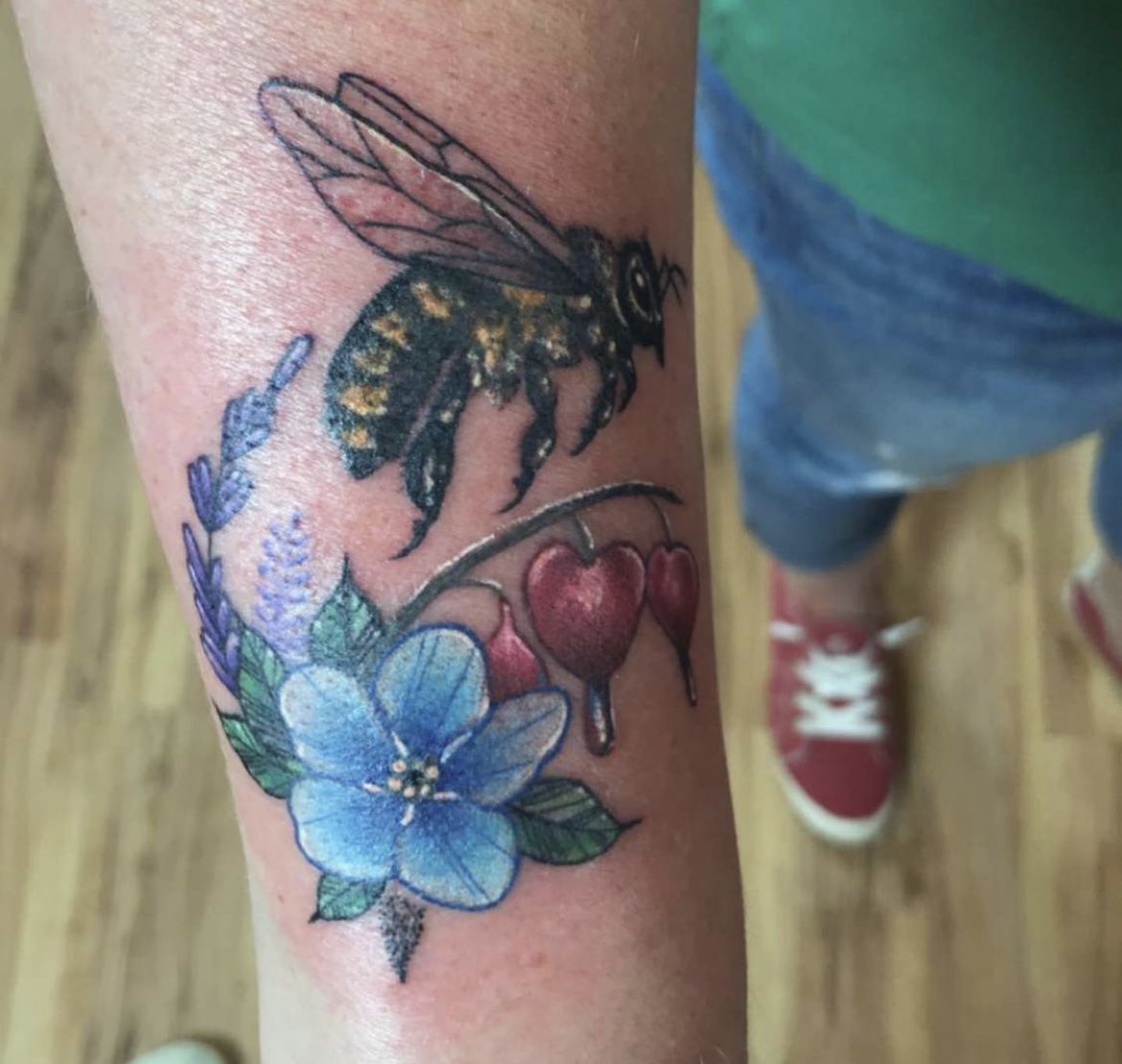 miss_atari's tweet photo. @Wipz @timthetatman Didn’t start my sleeve until I turned 50. Bee was my first.Any guesses on the game art on my upper inner arm? https://t.co/da7FsUosil