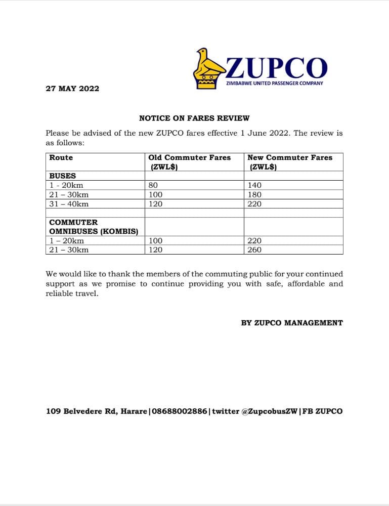 Zupco hikes fares by 80%. ⁦<a href="/HarareResidents/">Harare Residents' Trust</a>⁩ ⁦<a href="/daddyhope/">Hopewell Chin’ono</a>⁩ ⁦<a href="/bbmhlanga/">Dhara Blessed Mhlanga</a>⁩