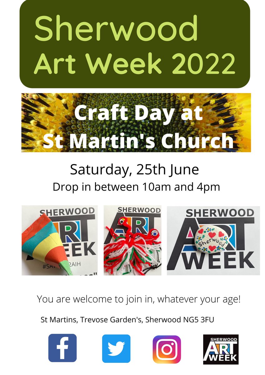SherwoodArtweek's tweet photo. Please join us for a craft day on Sat 25th June at St Martin's Church. Everyone welcome.
#saw #sherwoodartweek #saw2022 #sherwood #artandcrafts #crafts #sherwoodcommunity https://t.co/HsZuIliWX1