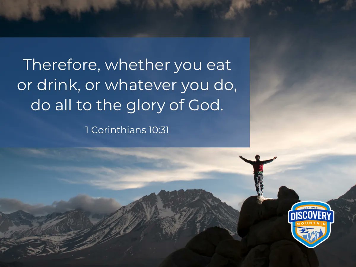 discoverymtn's tweet photo. We can uplift God even in little everyday actions. How will you uplift Him this week? #FaithExercise

“Therefore, whether you eat or drink, or whatever you do, do all to the glory of God." 1 Corinthians 10:31 (NKJV) 

#discoverymountain #Bibleverse #Bible https://t.co/9cj5VYJcHs