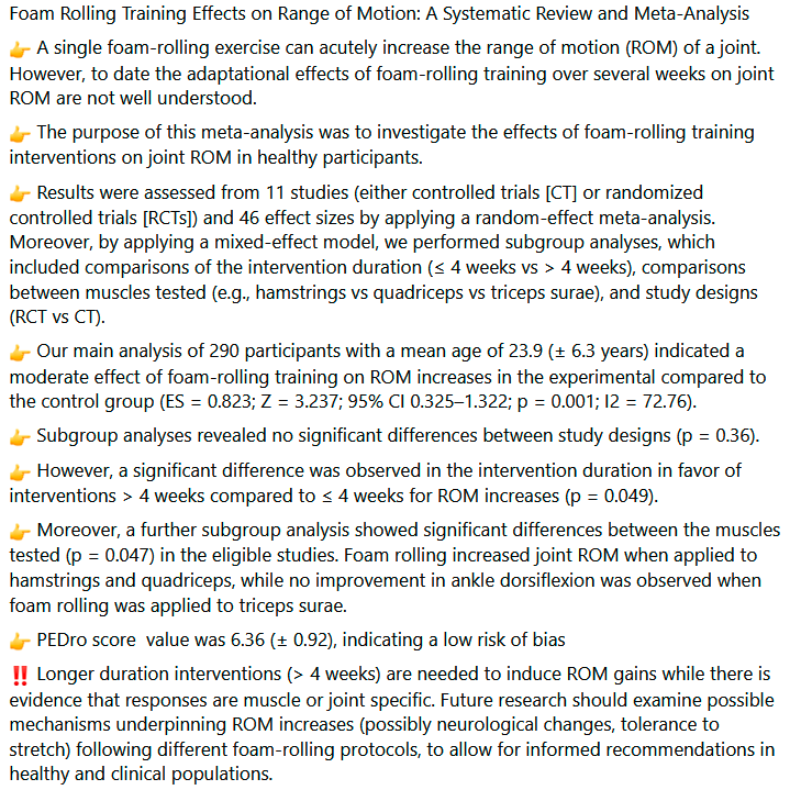 Just published in "Sports Medicine" 🔥

Foam Rolling Training Effects on Range of Motion: A Systematic Review and Meta-Analysis

👀👀👇👇

link.springer.com/article/10.100…