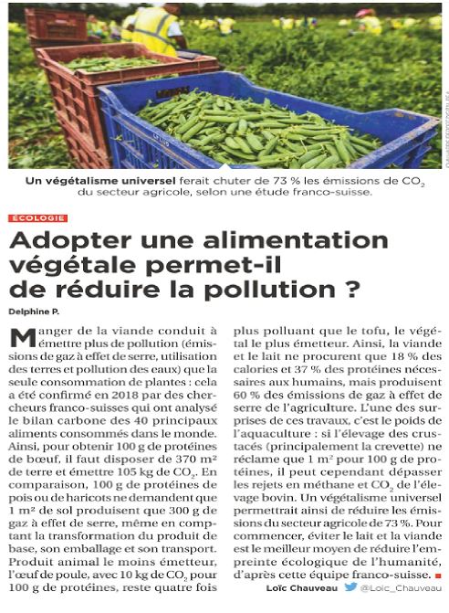 Article paru dans Sciences et Avenir. 
" Un végétalisme universel permettrait de réduire les émissions du secteur agricole de 73 %. Pour commencer, éviter le lait et la viande est le meilleur moyen de réduire l'empreinte écologique de l'humanité "