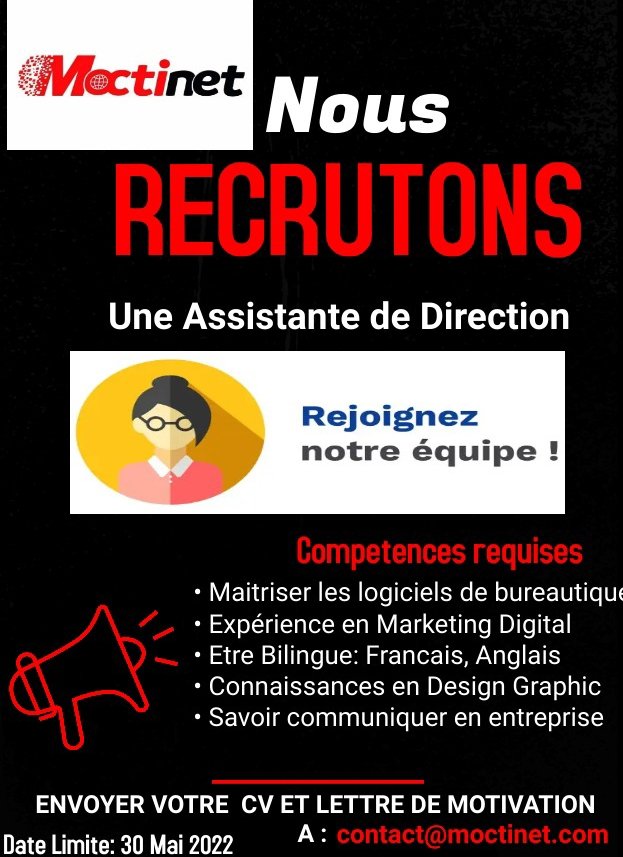 MocTinet's tweet photo. Alerte #emploi nous recrutons une assistante de direction.
Envoyez votre CV+lettre de motivation à l'adresse: contact@moctinet.com
Lieu: Yaoundé 
Date limite: 30 Mai 2022
 #entreprise #marketingdigital #design #graphic #recrutements #digital #travailler #workinprogress #Emploi https://t.co/lbsnvLkzAi