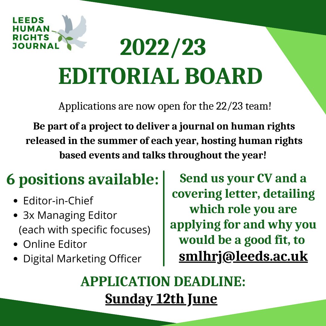 Call for #applications!

We’re looking for a new group of individuals who are passionate about #HumanRights to take over management of LHRJ for the 2022/23 academic year📚

Applications are open until Sunday 12th of June, send us your CV and a covering letter.

#opportunity