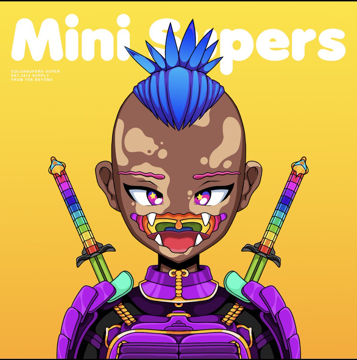 TristanTrades_'s tweet photo. After months i finally found my Kaosu mouth Mini Super! Had to pick up Kaosu mouth with the Gilded Purple. Love the way that purple armor pops off the yellow background and the Dual Rainbow swords matching the Kaosu is too sick🔥@Colorsuper @minisupersnft #minisupers #colorsuper https://t.co/8Ev3HwGzO4