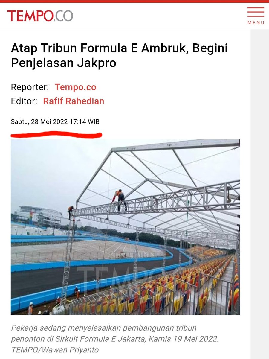 dwioktariyadi's tweet photo. Musibah robohnya tribun Formula E tgl 27 Mei 2022, skitar jam 23.00 WIB. Akan jd aneh dan patut dipertanyakan jk media mainstream sperti @kompascom @detik @tempodotco  baru menayangkan 18 jam kemudian. Pdhal kejadian ada di Jakrta dan dimedsos udh sliweran dari pagi..🙂🙃😇 https://t.co/svkkize6om
