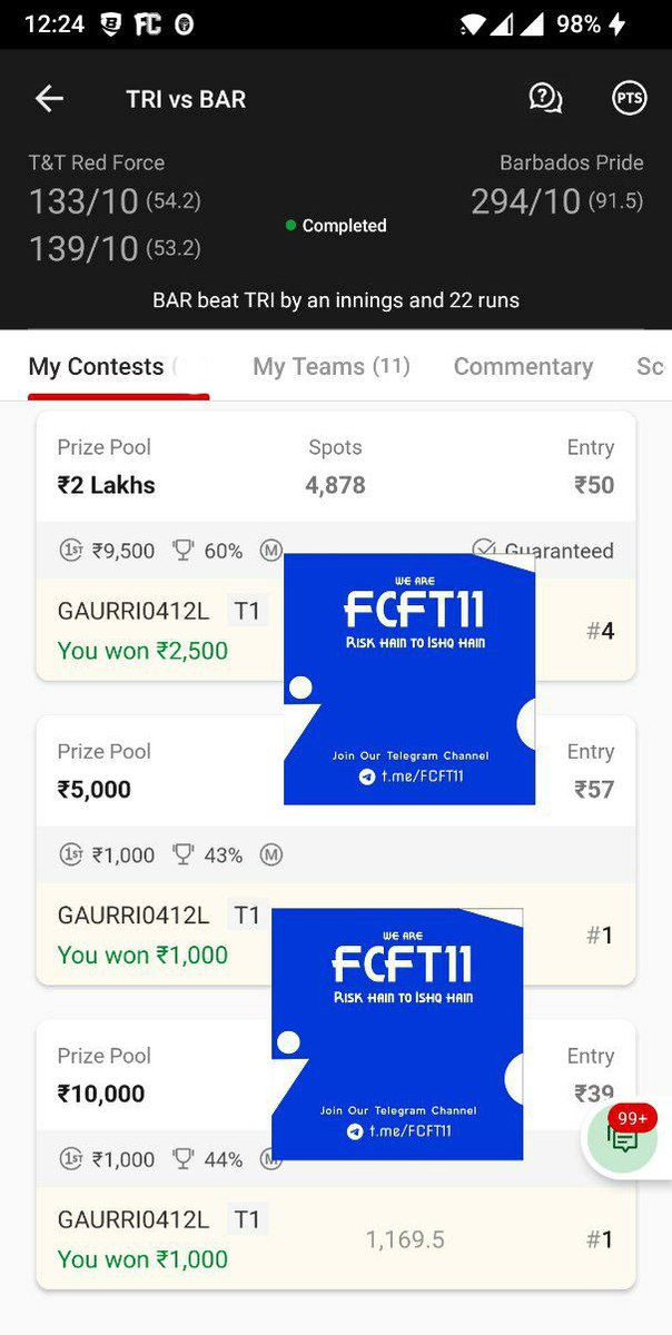 FCFT_11's tweet photo. Just another normal day 

Small leagues won all Gl's on @Dream11 in westindies test championship match

Join us for free teams
https://t.co/4qgDeSmHv7
#Dream11 #CricketTwitter https://t.co/Y1ZivlIqzh
