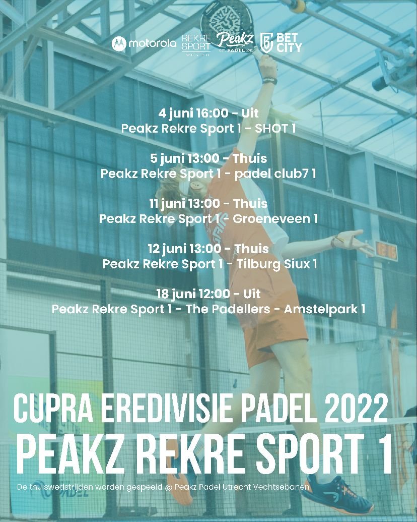In Juni start de CUPRA Eredivisie Padel. Ons topteam, Peakz Rekre Sport 1, gaat strijden voor de titel! Met volle moed, energie en plezier nemen wij het op tegen 5 andere padelteams. Wees welkom om het team aan te moedigen op onze thuislocatie bij Utrecht Vechtsebanen, tot dan!