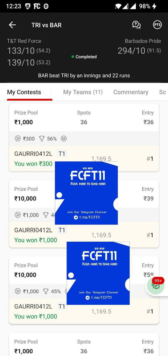 FCFT_11's tweet photo. Just another normal day 

Small leagues won all Gl's on @Dream11 in westindies test championship match

Join us for free teams
https://t.co/4qgDeSmHv7
#Dream11 #CricketTwitter https://t.co/Y1ZivlIqzh