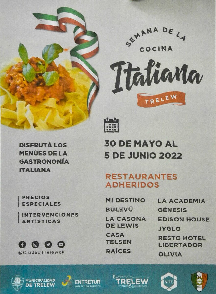 TWMunicipalidad's tweet photo. 📅Semana de la cocina Italiana

▶️ Será del 30 del mayo al 5 de junio, en el marco del Día de la República de Italia y del Día del inmigrante Italiano.

🍝 10 establecimientos gastronómicos contarán con precios especiales en el menú italiano. https://t.co/bIOUd2dExV