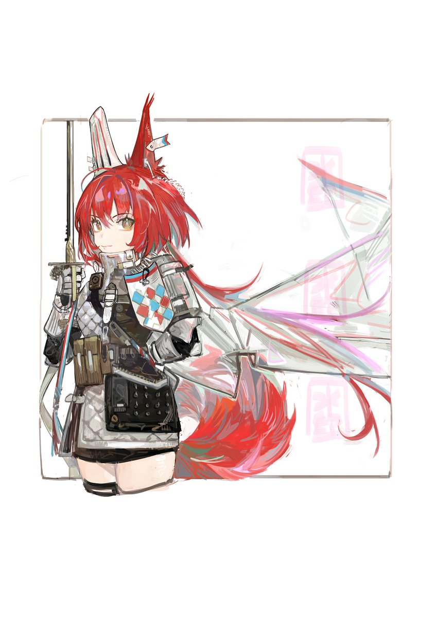 1girl solo animal ears tail red hair squirrel ears weapon  illustration images