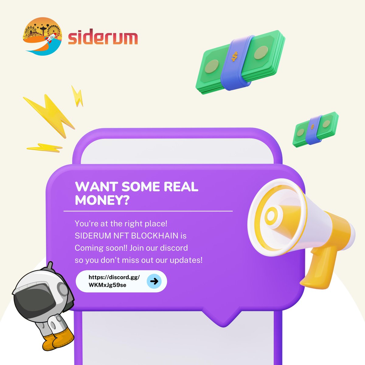 WANT TO EARN SOME REAL MONEY?💸
You're at the right place🚀

Play Our Game🔥 Win Rewards🏆 and Real Money

#Siderum #P2E #BNB