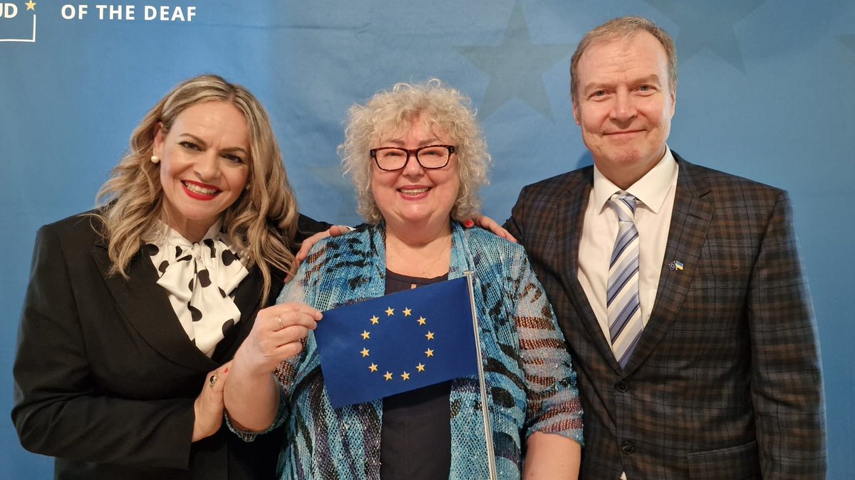 EUD_Brussels's tweet photo. A very significant moment - in an unanimous vote, the EUD General Assembly accepts the Ukrainian Society of the Deaf as an affiliated member. Ukraine is part of the European family &amp; EUD stands with you! EUD President &amp; Vice-President with the @UtogOrg President 🇺🇦🇪🇺 https://t.co/LIgerxa9wa