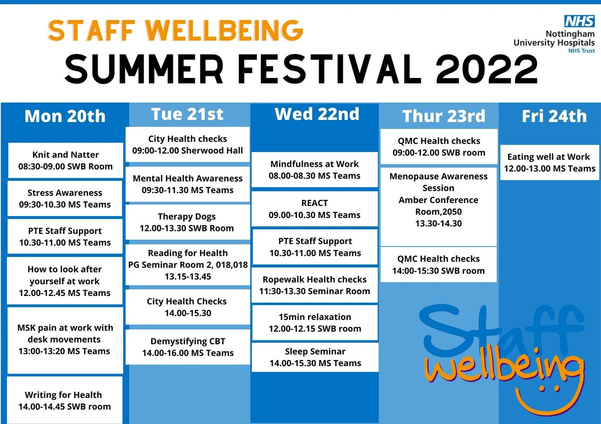 SWBNUH's tweet photo. Our annual Staff Wellbeing Summer Festival is starting on 20th June! We are so excited to be able to offer Health Checks again to staff, along with a whole range of new wellbeing activities. Email staffwellbeing@nuh.nhs.uk to book your place @TeamNUH https://t.co/Waf38p9qhw