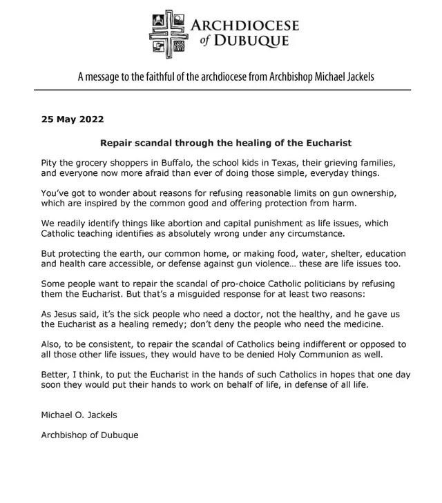 ChrisWhiteGU's tweet photo. Statement from Archbishop Jackels, who previously worked for Ratzinger at the Vatican’s doctrine office:

“As Jesus said, it’s the sick people who need a doctor, not the healthy, and he gave us the Eucharist as a healing remedy; don’t deny the people who need the medicine.” https://t.co/Oe6gOHhVRu