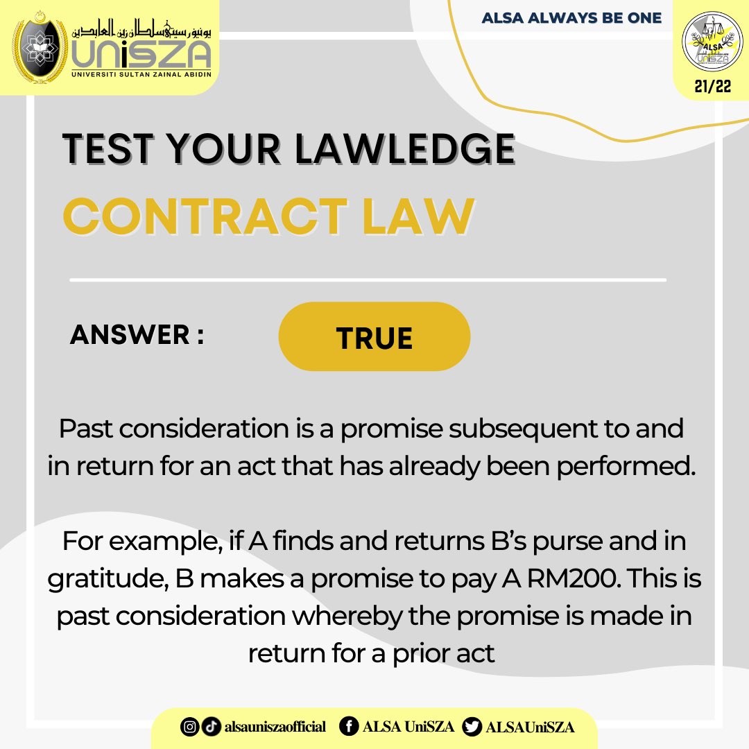 ALSAUniSZA's tweet photo. 【Test Your Lawledge (Part 19): Contract Law】

Hello Law Peeps👩🏻‍⚖️

This is the answer for our Pop Quiz yesterday! Did you manage to get it right?🤔 

Dont forget to join our Pop Quiz next week too! ✨

#ALSAAlwaysBeOne
#ALSAUniSZA https://t.co/omExDWXfOW