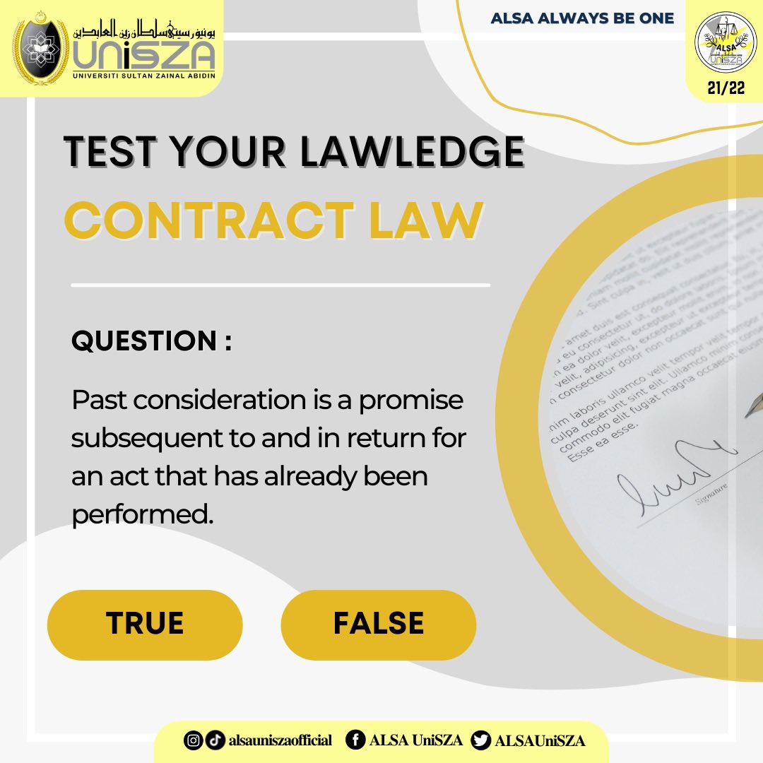 ALSAUniSZA's tweet photo. 【Test Your Lawledge (Part 19): Contract Law】

Hello Law Peeps👩🏻‍⚖️

This is the answer for our Pop Quiz yesterday! Did you manage to get it right?🤔 

Dont forget to join our Pop Quiz next week too! ✨

#ALSAAlwaysBeOne
#ALSAUniSZA https://t.co/omExDWXfOW