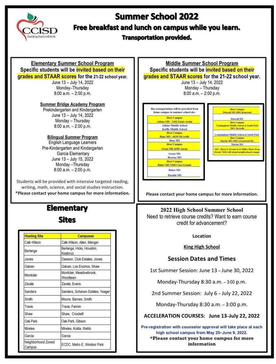 Corpus Christi ISD is hosting a variety of summer programs for students. These programs provide an opportunity for students to take part in academic acceleration. <a href="/CCISD/">CCISD</a>