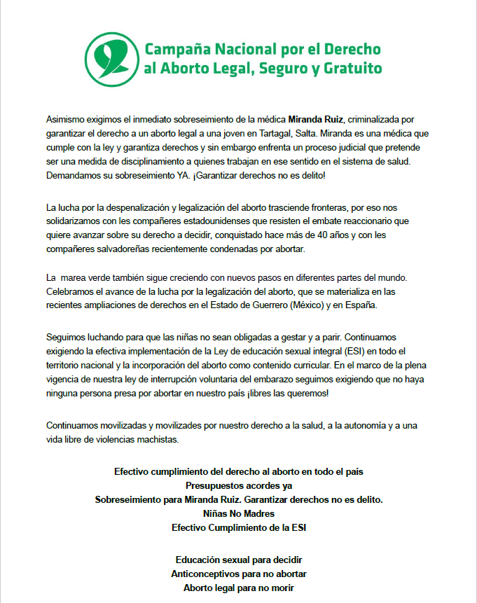 #28M 
🟢Día Internacional de Acción por la Salud de las Mujeres🟢
#AbortoGarantizadoEsSalud #SobreseimientoAMirandaYA 
Hoy reivindicamos la salud integral y reclamamos el pleno cumplimiento de las leyes que conquistamos. Leé más 👇