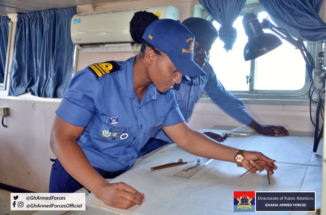 UnivofGh's tweet photo. Lieutenant Commander Priscilla Ami Dogbeda Dzokoto, an Alumna of @univofgh has become the first female Commanding Officer of a @Ghana_Navy  ship in the history of the @GhArmedForces.

#IntegriProcedamus
@univers1057fm_ 

Pic. Credit: @GhArmedForces https://t.co/YAeDKIWl6f
