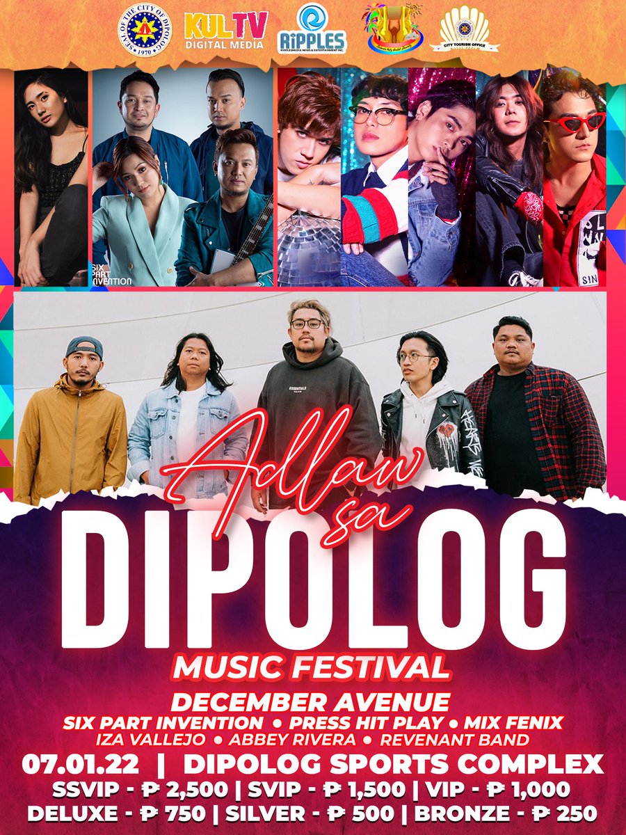 [ #PHP | #AdlawSaDipolog ] DIPOLOG! We are heading to 'Adlaw sa Dipolog Music Festival' this July 1 with @DecemberAve, @SixPartOfficial, Mix Fenix and a whole lot more! We'll see you soon! #Press_Hit_Play @SuperbUs_ent @evosoundph