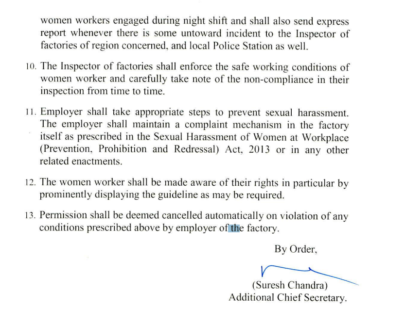 #UttarPradesh | "No women worker shall be bound to work without her written consent before 6 am and after 7 pm. Women workers to be provided free transportation, food and sufficient supervision if working during the aforementioned hours": Government

(ANI)