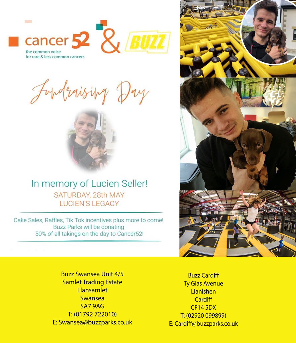 timbowales's tweet photo. Get down to BUZZ Trampoline Parks at Swansea or Cardiff
Today 50% of all proceeds will go to @Cancer52org 
Or just pop in for Raffle tickets, on sale all day - with unbelievable prizes!
All in memory of their colleague Lucien Seller,who passed away last May with #thymiccancer https://t.co/18Wn00ZHIe