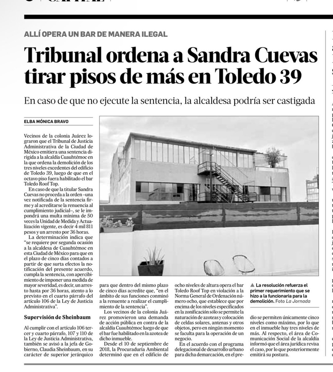 pasotti's tweet photo. Tribunal ordena a @SandraCuevas_ demoler pisos de más en edificio dónde opera Toledo Rooftop. En caso de no ejecutar la sentencia, la alcaldesa podría ser sancionada. https://t.co/g8Jg46R9p1