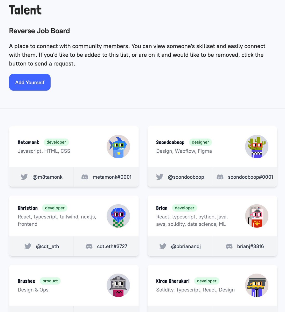 added 10 new people to the @NounsDAO talent directory, everyone from designers and solidity devs to animators and PMs.

if you want to build on Nouns, add yourself or connect with others at nouns.center/talent ⌐◨-◨