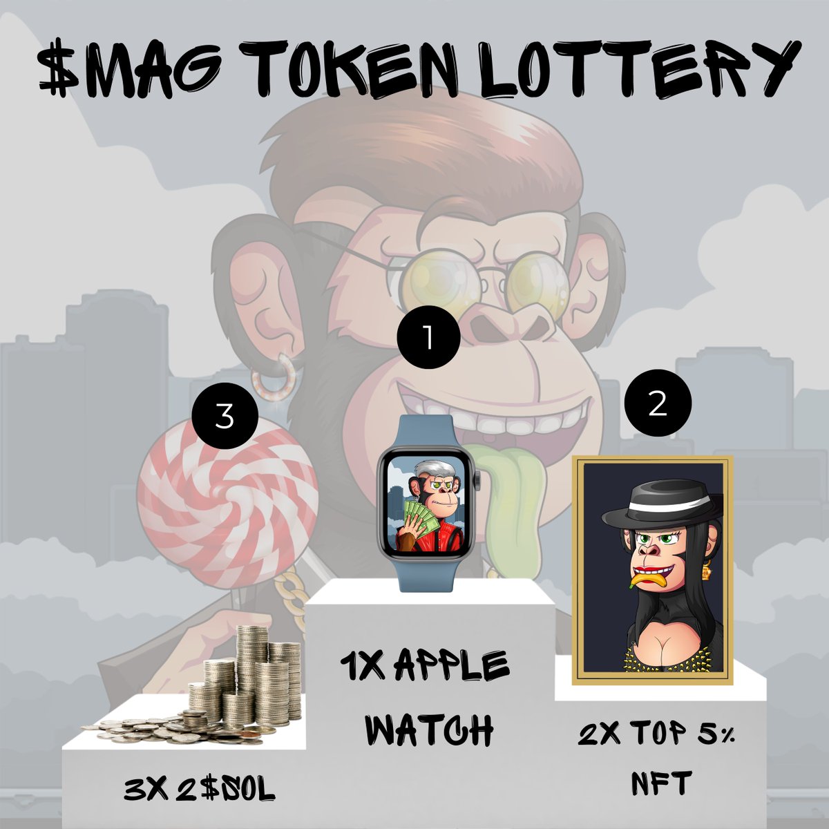 MetaApeGang's tweet image. Last day to participate in our $MAG Token Lottery where we give away some epic prizes!

🎁Prizes🎁 
1st Prize: Apple Watch
2nd Prize: 2x Legendary (top 5% collection) 
3nd Prize: 3x 2 $SOL

🥇To enter the draw🥇
Send 10 $MAG tokens to: DV1nEad98WeKbqfripyayHbQqPVFBYNVJSYshBZf6YLV