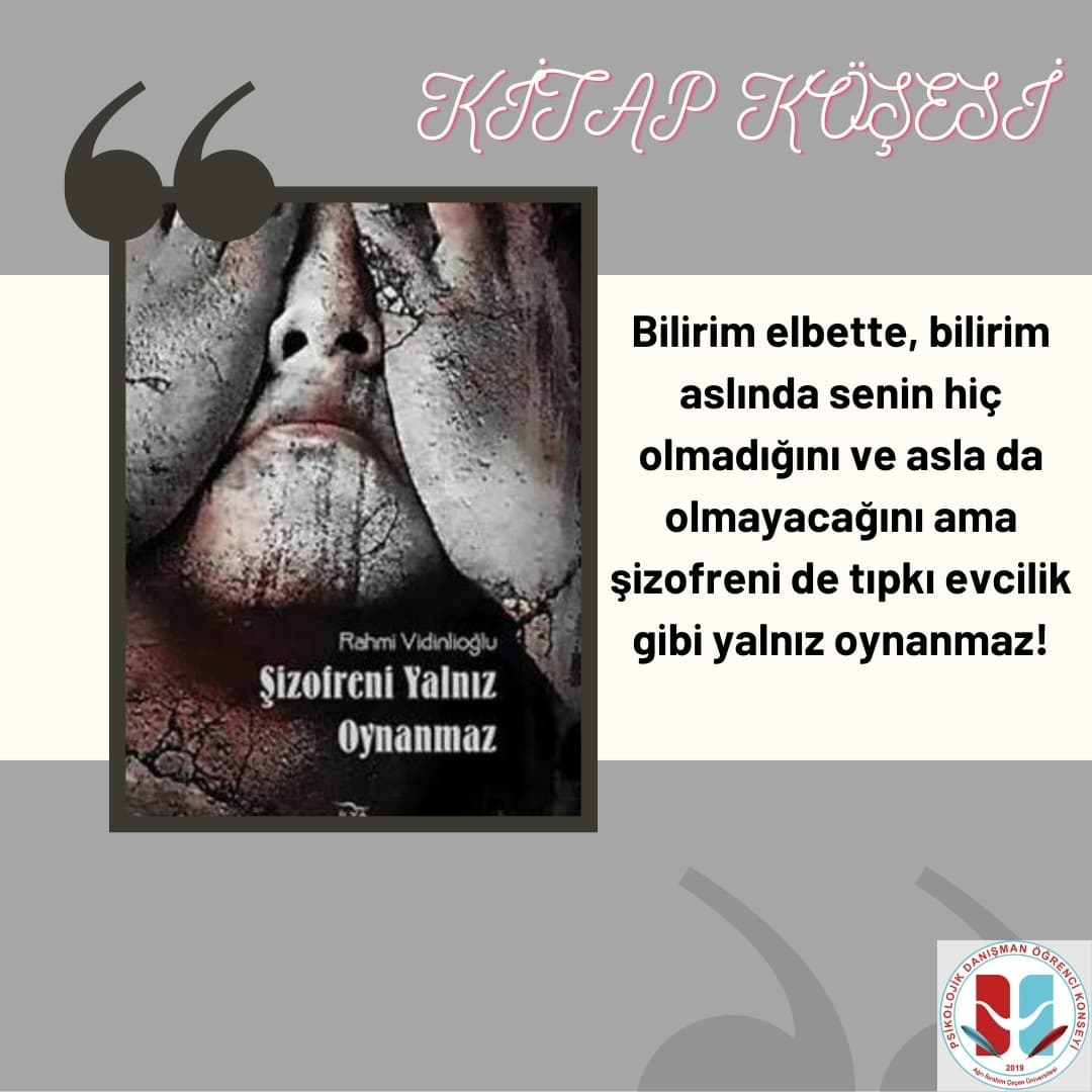 Merhabalar sevgili PDOK Ailesi ❤
Bu haftaki kitap tavsiyemiz " Şizofreni Yalnız Oynanmaz." "İnsan acı çektikçe büyüyor, acı çektikçe olgunlaşıyordu ve ne yazık ki doğanın değişmez bi kuralıydı olgunlaşan herşeyin aynı zamanda çürümesi." Keyifli okumalar :))))
<a href="/pdrogrencileri/">PDOK</a>