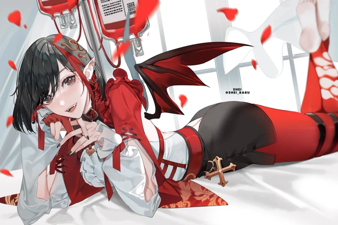 I'll post full reference sheet when I learn how to rig my vtuber model…so until then here's the art for starting screen. I'm a vampire ehe~🦇hoping I can start my 1st test art stream next weekend! 
#Vtuber #ENVtuber #VTuberUprising 