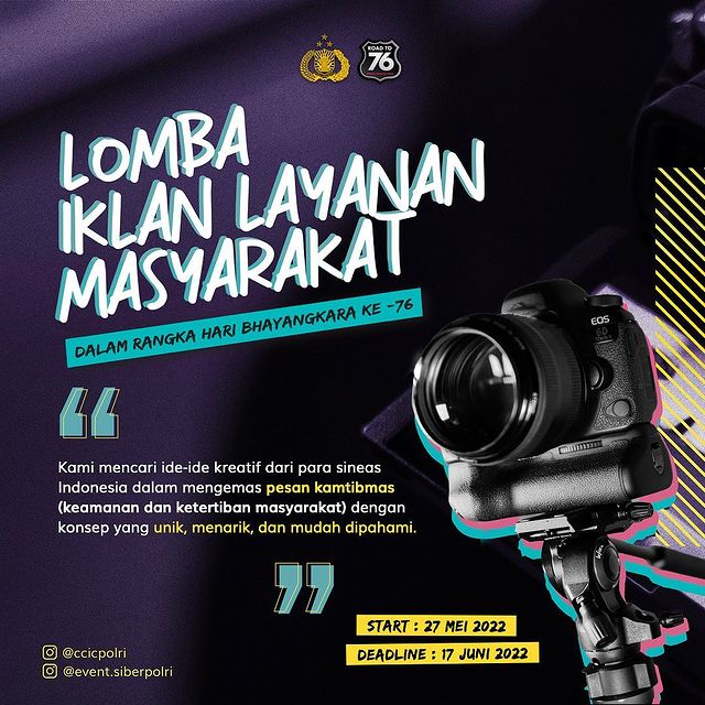aakbar_22's tweet photo. SUKA BIKIN VIDEO? PUNYA IDE IKLAN TENTANG POLISI?

Mungkin kamu yang kami cari 😁

Dalam rangka menyambut hari Bhayangkara ke-76, kami menyelenggarakan LOMBA IKLAN LAYANAN MASYARAKAT 

Info lengkap ada di @event.siberpolri ya.

Salam Presisi

#siberpolri #polripresisi #roadto76 https://t.co/IalxuvNC7G