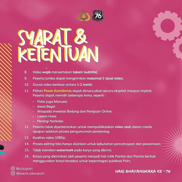 aakbar_22's tweet photo. SUKA BIKIN VIDEO? PUNYA IDE IKLAN TENTANG POLISI?

Mungkin kamu yang kami cari 😁

Dalam rangka menyambut hari Bhayangkara ke-76, kami menyelenggarakan LOMBA IKLAN LAYANAN MASYARAKAT 

Info lengkap ada di @event.siberpolri ya.

Salam Presisi

#siberpolri #polripresisi #roadto76 https://t.co/IalxuvNC7G