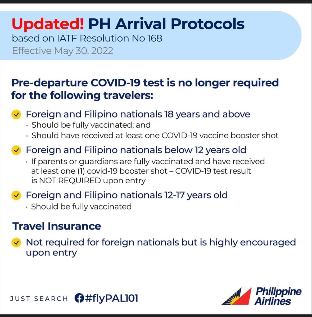 lovinriyadh's tweet photo. Starting May 30, 2022, #Philippines is no longer requiring COVID-19 Test Results upon entry. This is in compliance with IATF Resolution 168.
📷 @flyPAL 

#flypal101 https://t.co/VpsLQLkRNy