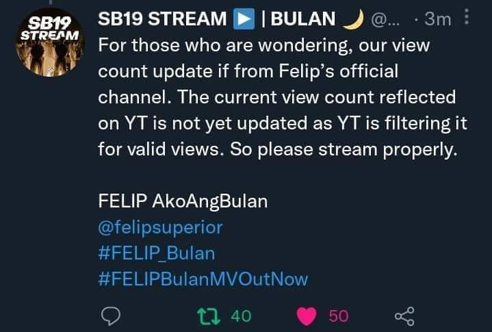 @mae_bethenight @MyLifeVEST @felipsuperior HI kaps the viws freeze but officially the mv has already reach 100k views it normal alng po kahit sa ibang groups na nag rerelease Ng mv Saka nakikita in 24 hours pinaka final 

FELIP AkoAngBulan
@felipsuperior #FELIP
#FELIP_Bulan
#FELIPBulanMVOutNow