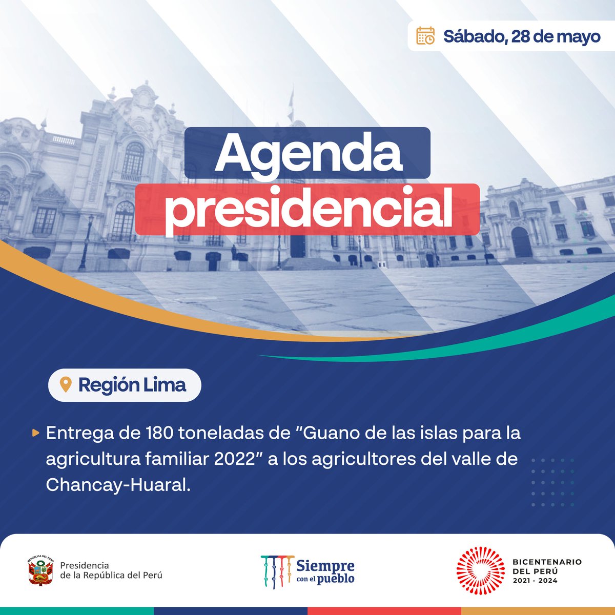 presidenciaperu's tweet image. El jefe de Estado, Pedro Castillo, presidirá la entrega de 180 toneladas de "Guano de las islas para la agricultura familiar 2022", a fin de atender la demanda de fertilizantes en favor de los agricultores del valle de Chancay-Huaral, como parte de la Segunda Reforma Agraria.