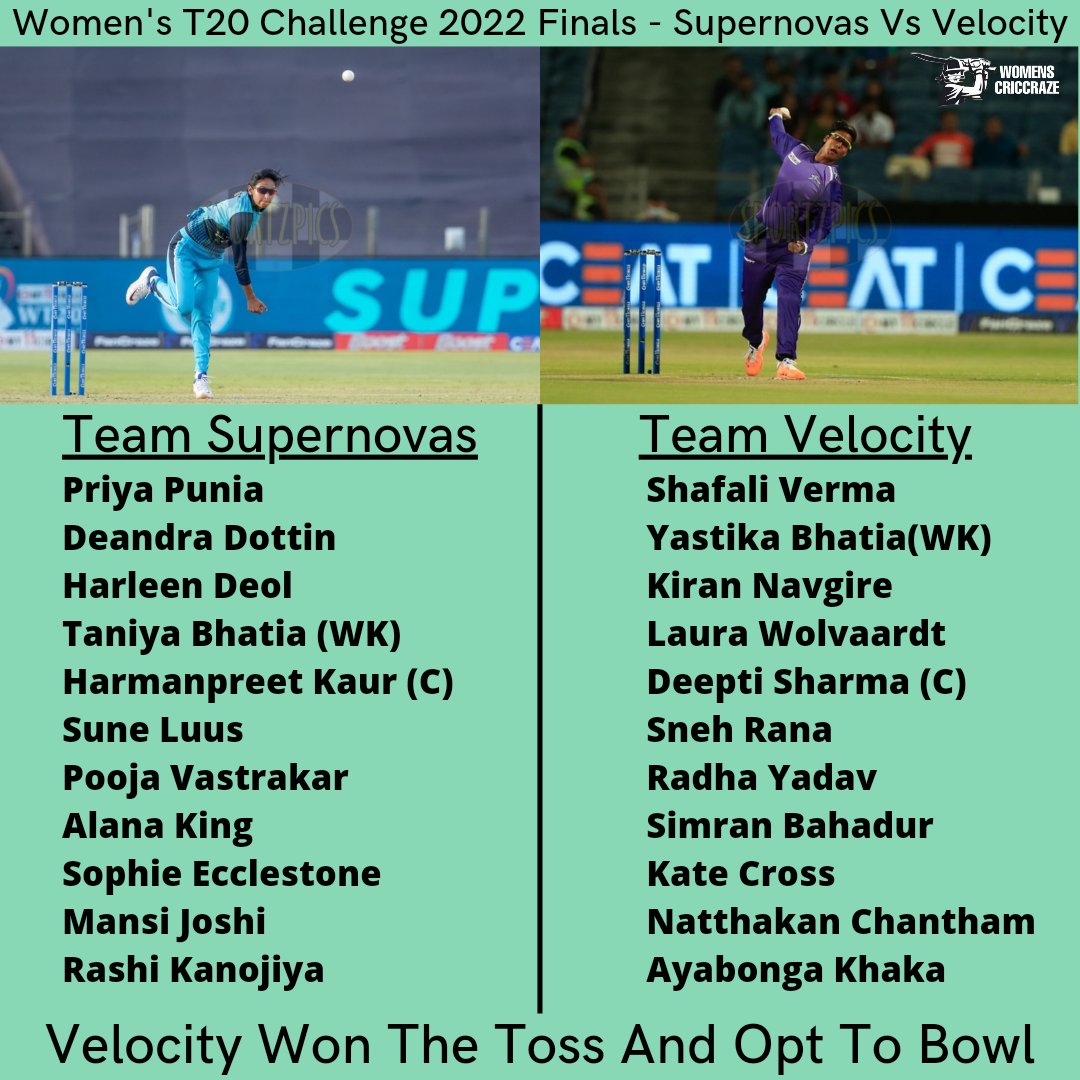 Women's T20 Challenge 2022 Finals

Supernovas vs Velocity

Velocity Won The Toss And Opt To Field. 

#WomensT20Challenge #My11CircleWT20C
