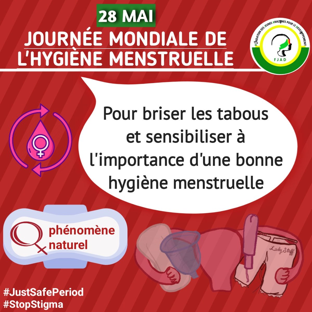 FjadAmazones's tweet photo. Mettons fin à la stigmatisation des règles. Les règles sont un phénomène naturel.
Les filles et femmes doivent vivre leur période en toute sérénité et avec les moyens adaptés.
Tous ensemble mobilisés pour qu'aucune fille/ femme ne soit défavorisée durant la période.
#SafePeriod https://t.co/2q5R6isuv2