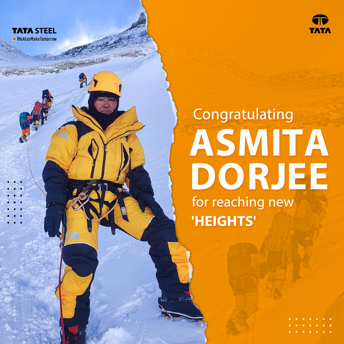TataSteelLtd's tweet photo. Journey of Asmita Dorjee, senior instructor TSAF's, to Mt. Everest is an inspiring story of human endurance &amp; indomitable spirit. She is the first Indian woman to climb 8745m to the summit (~100m short) without use of supplementary oxygen. We humbly bow down &amp; salute her valour! https://t.co/QepA0OhJnh