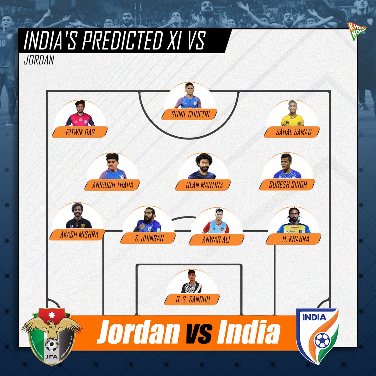 KhelNow's tweet photo. ๐จ Prediction Time ๐จ
Here's how we think @IndianFootball will lineup for the friendly match against Jordan ๐ฏ๐ด. โฝ๐ฎ๐ณ
Would you make any changes?๐ค
#Indianfootball #IndianFootballTeam #BlueTigers #JORvIND #backtheblue https://t.co/ZXKL8T36yh