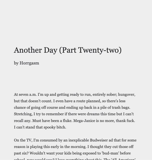 uncookd_'s tweet photo. by Horrgasm

The Joys Of Being Forgotten

https://t.co/QMssFkXP0a

Another Day (22, Misc, 23)

https://t.co/eeA8UPgODU

https://t.co/8N8v3TVOeD

https://t.co/ciufxUjPVL

#poetry #poem #poetrycommunity #writerslift #writersoftwitter #writerscommunity #Reading #writingcommmunity https://t.co/28gitYgHN9