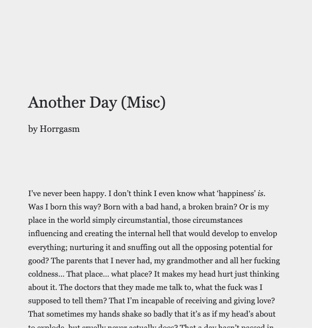 uncookd_'s tweet photo. by Horrgasm

The Joys Of Being Forgotten

https://t.co/QMssFkXP0a

Another Day (22, Misc, 23)

https://t.co/eeA8UPgODU

https://t.co/8N8v3TVOeD

https://t.co/ciufxUjPVL

#poetry #poem #poetrycommunity #writerslift #writersoftwitter #writerscommunity #Reading #writingcommmunity https://t.co/28gitYgHN9
